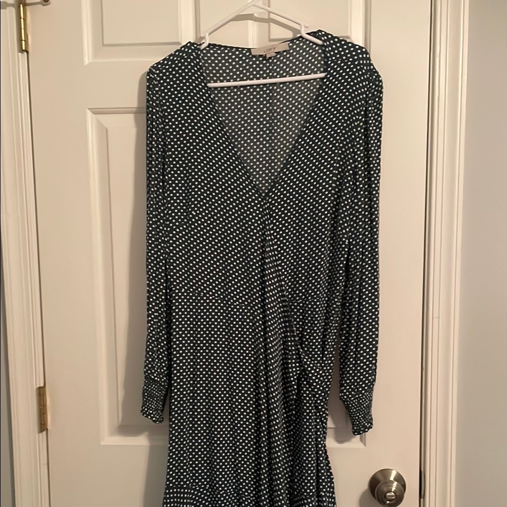 LOFT Green and white polka dot 41” length V-Neck dress
